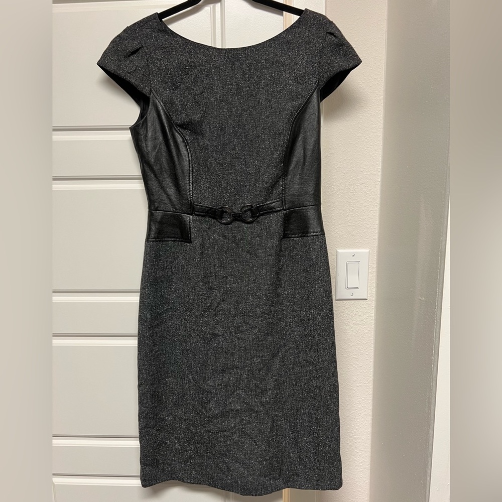 Tahari Dress. Size 6. Gray. Leather accents.